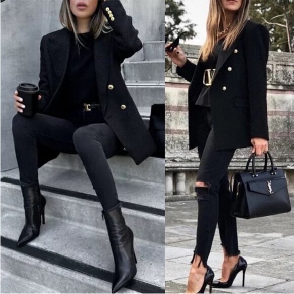 Zara Black Tweed Double-Breasted Blazer - Picture 3 of 12